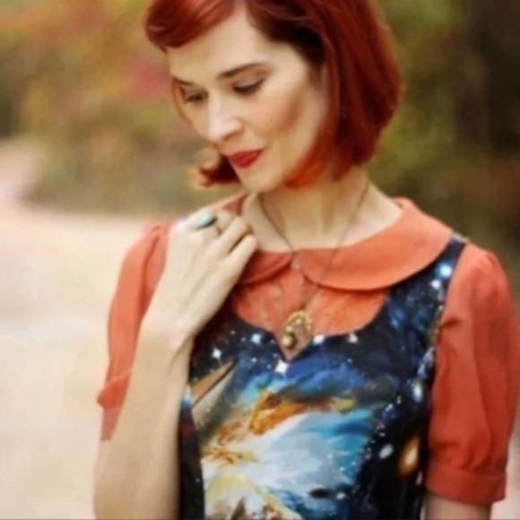 ModCloth Galaxy Space Universe Solar System Fit Flare Dress Pockets Retro Size S - Picture 2 of 14